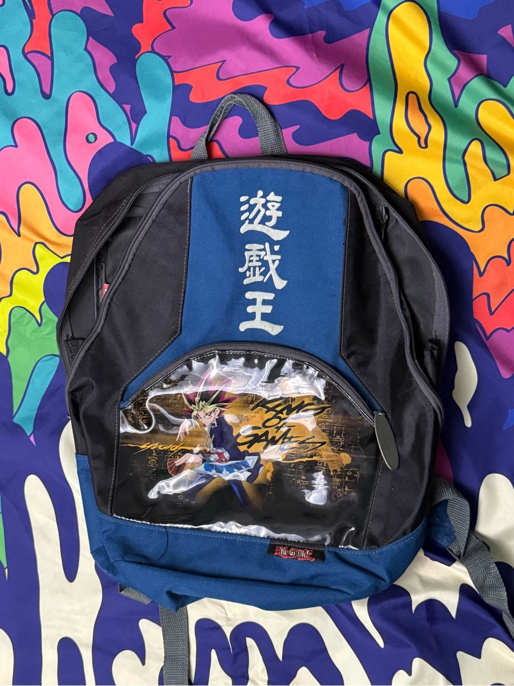 Blue and Black Men's Anime Graphic Backpack